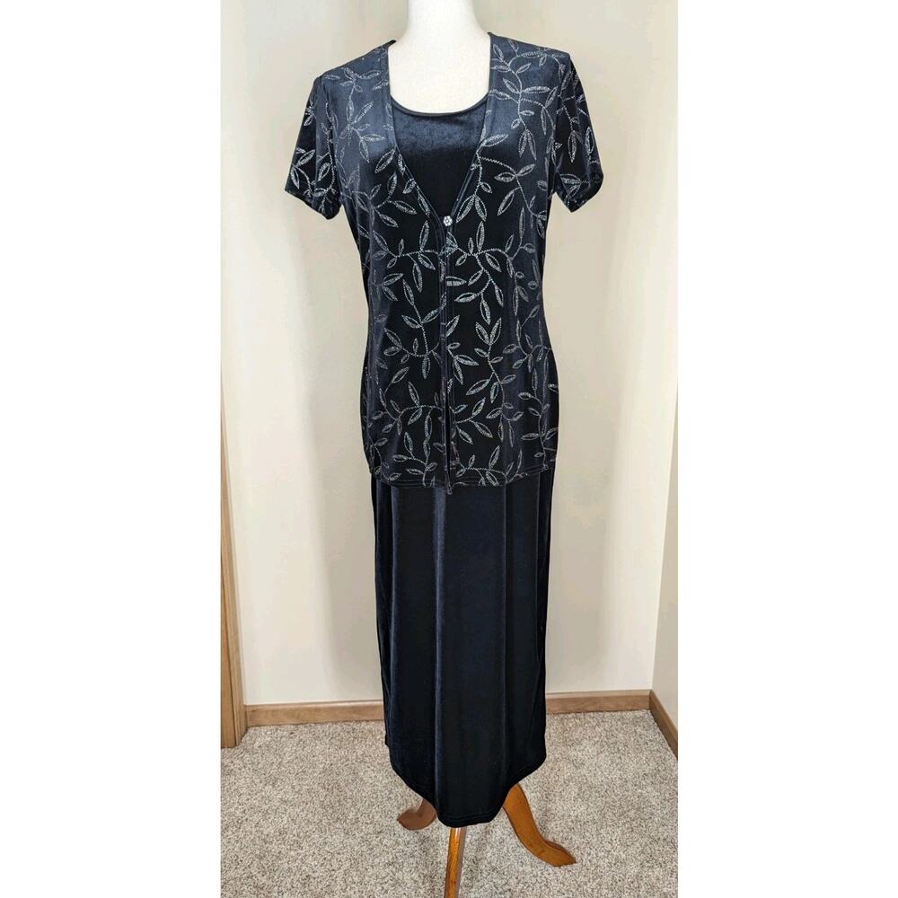 Vintage Kathie Lee Black Velvet Short Sleeve Dress Size Medium Rhinestone Floral